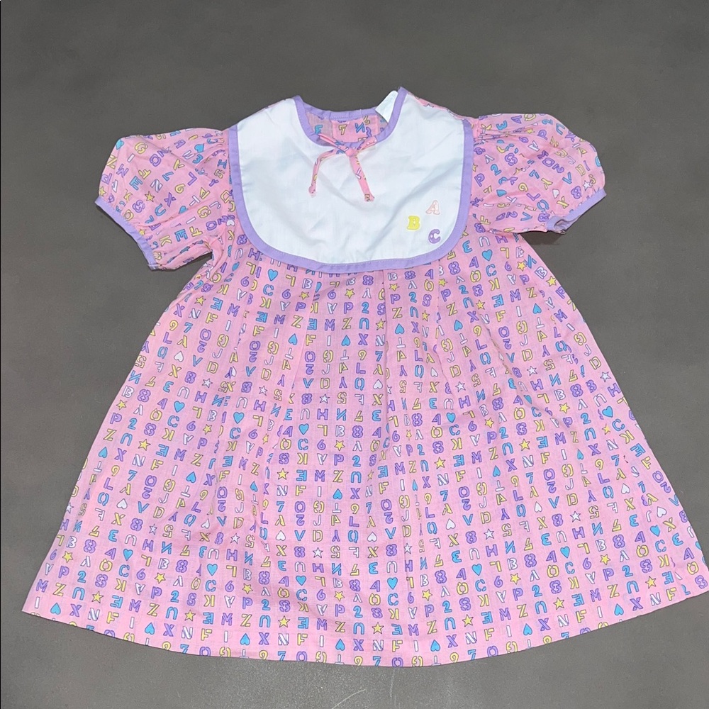 VINTAGE Pink Alphabet Letter School Dress with Collar and Bow